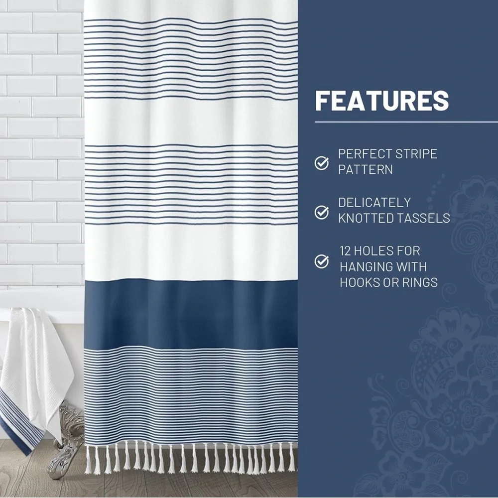 Navy Blue Shower Curtain for Bathroom Stripe Tassel 72 X 72” Farmhouse Cotton
